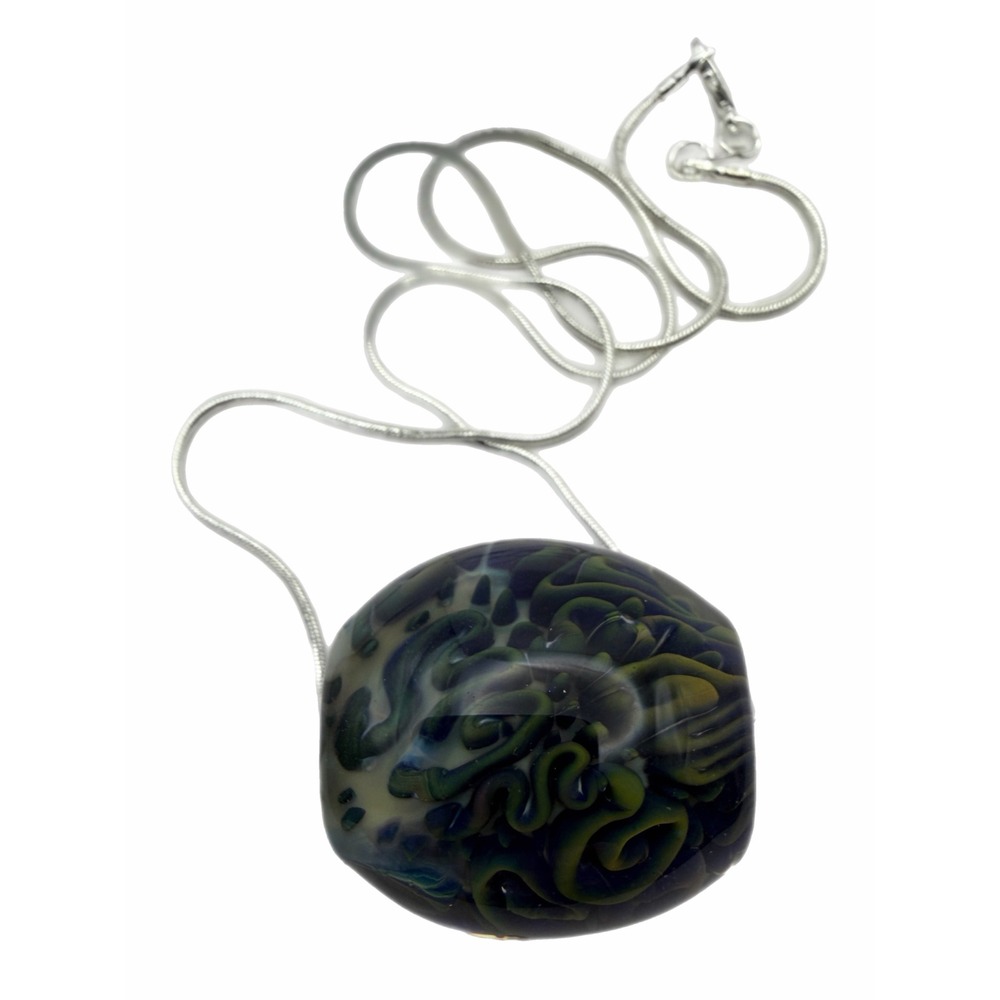 Handmade Art Glass Swirl Pendant Necklace Green Blue Lampwork Snake Chain